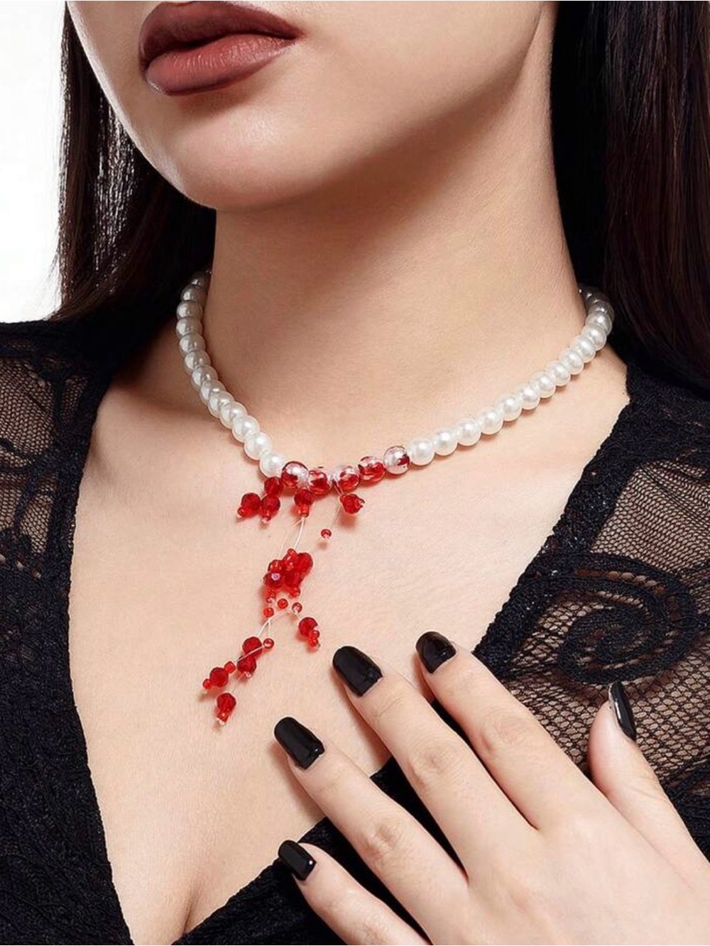 Elegant Pearl Necklace with Red Crystal Drop